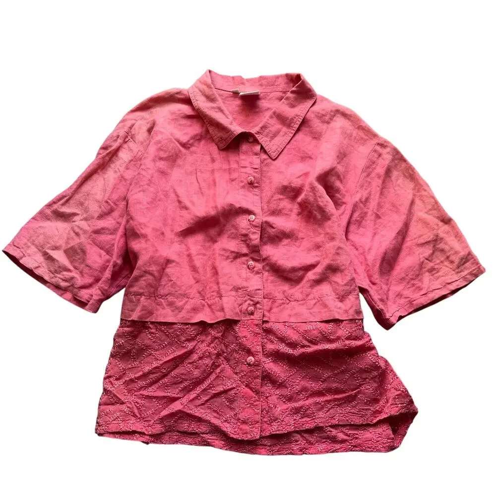 Vintage Johnny Was Coral Pink 100% Linen Embroidered Two Piece Short Set Size L